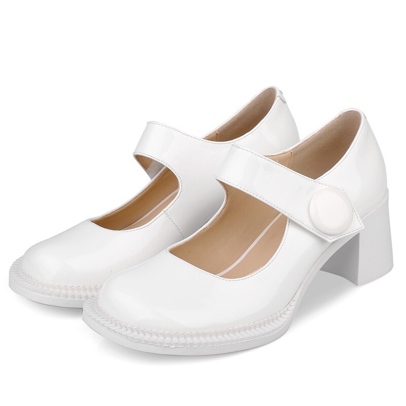Høje hæle sko kvinder mary janes sko tyk høj hæl pumps efterår efterår fodtøj sort hvid kontor dame sko kvinde stor størrelse: Beige / 34