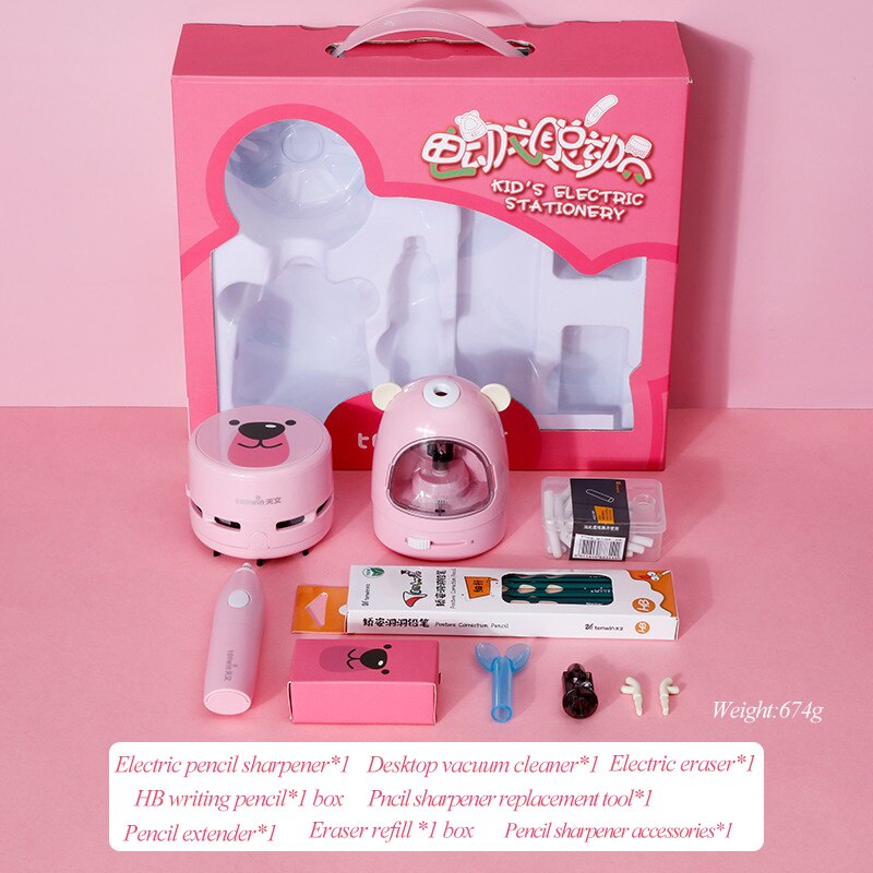Tenwin Electric Stationery Set Pencil Sharpener Electronic Eraser Vacuum Cleaner Pencil Extender Pencil Set Stationery Supplies: 8097 pink set