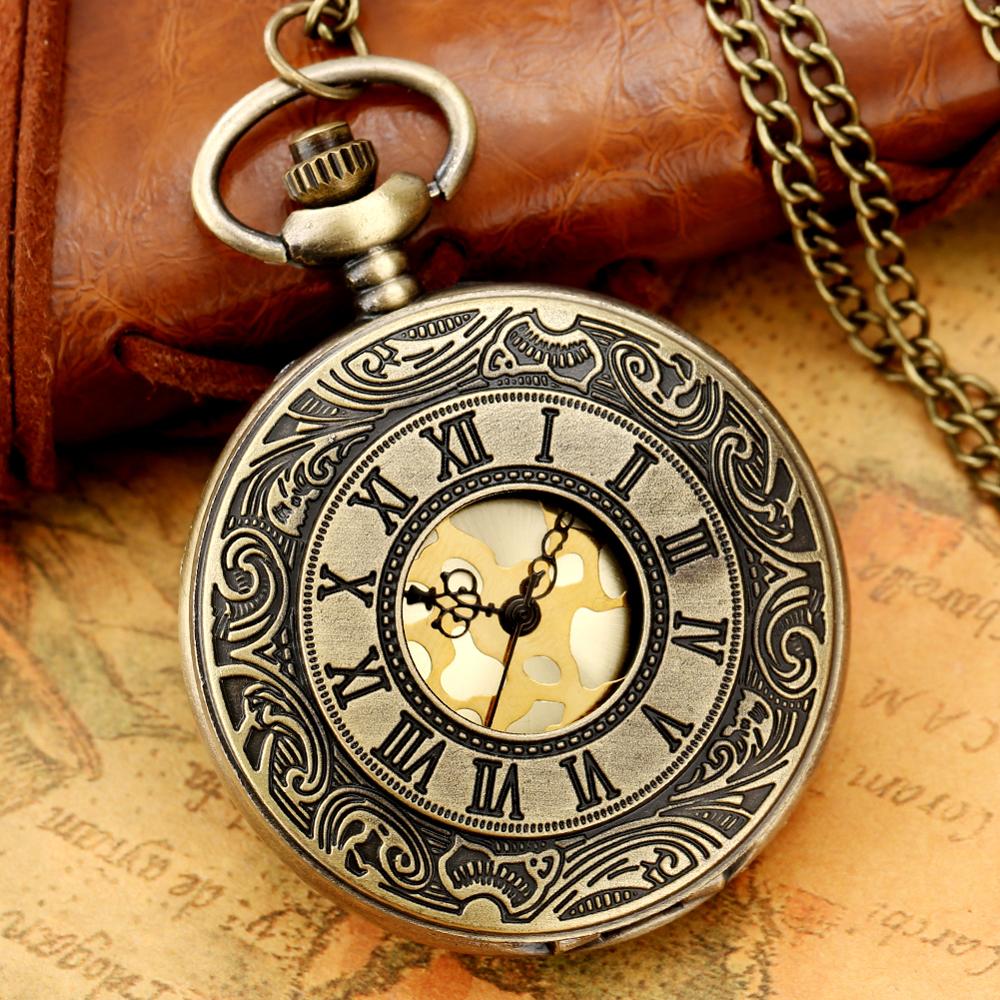 Retro Brons Hollow Flip Quartz Zakhorloge Romeinse Cijfers Gouden Wijzerplaat Horloge Modieuze En Duurzaam Chain Hanger Ketting
