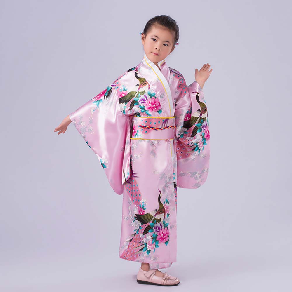 Kinder Mädchen Vintage Floral Kimono Yukata Japanischen Traditionellen Kostüm Silk Satin Kimono Robe Kleid für Kinder Geisha Cosplay: Rosa / M