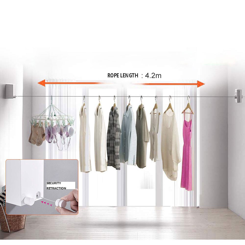 4.2MStainless Steel Indoor Outdoor Retractable Laundry Clothesline Wall Hanging Stretch Washing Clothes Invisible Shrinking Line