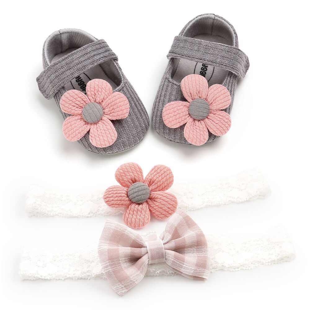 Bébé baptême chaussures + bandeau ensemble semelle souple florale Mary Jane chaussures plates et bandeaux ensemble 3 pièces pour les filles en bas âge: Beige / 13-18 mois