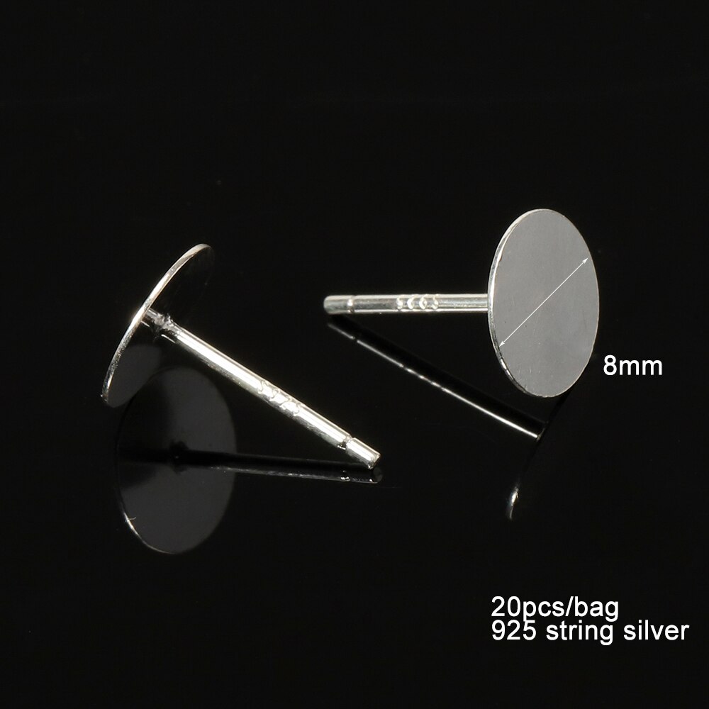 20pcs 925 Sterling Silver Earrings Settings 3/4/5/6/8mm Blanks Round Base for Cabochon Stud Earring Flat Ear Post Pure Silver: 8mm Flat Pad