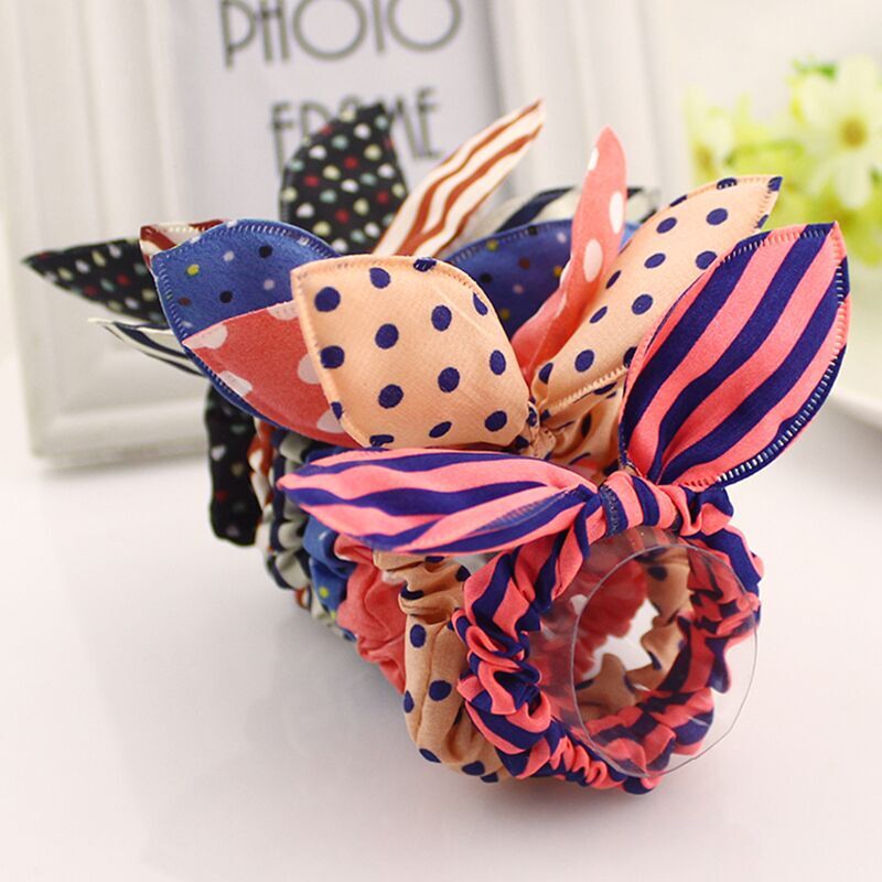 10pcs Lot Mix Style Clips For Hair Band Polka Dot Leopard Trip Hair Rope Rabbit Ears Headwear Hair Tie girl Hair Accessorie