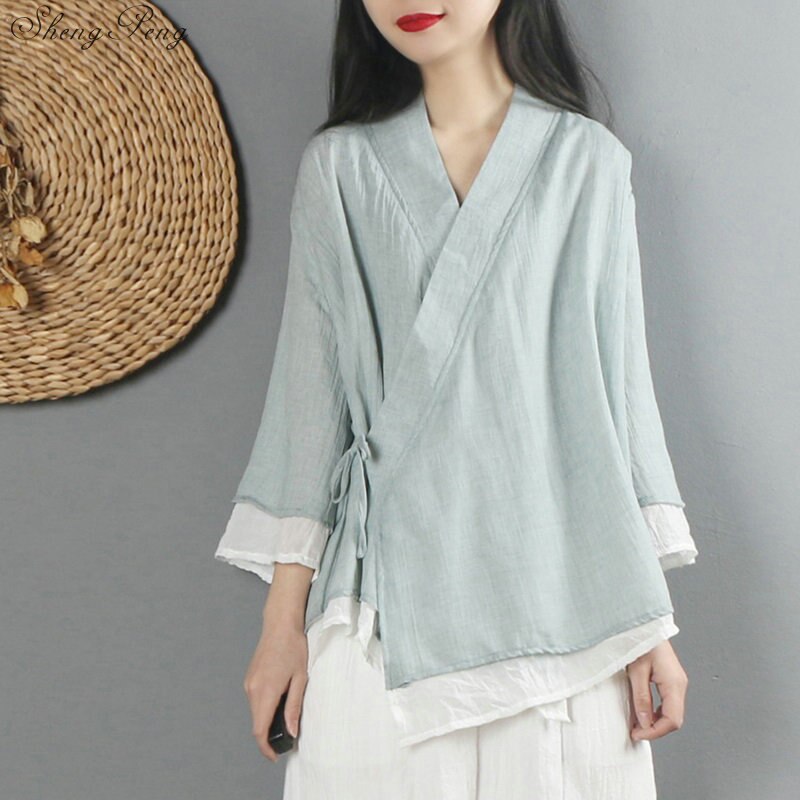 Nueva camisa de lino para mujer, top de estilo chino tradicional, blusas de lino de color sólido, ropa oriental V1475