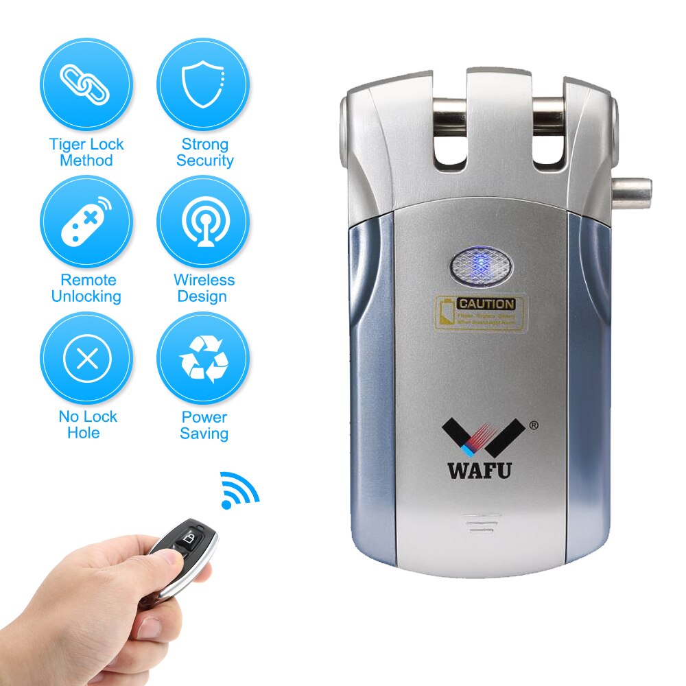 Wafu-cerradura inteligente de WF-018, cerrojo de Control remoto inalámbrico de seguridad, Invisible, sin llave, para puerta, aleación de Zinc, Metal, con 4 llaves remotas: Blue Silver 4 Keys