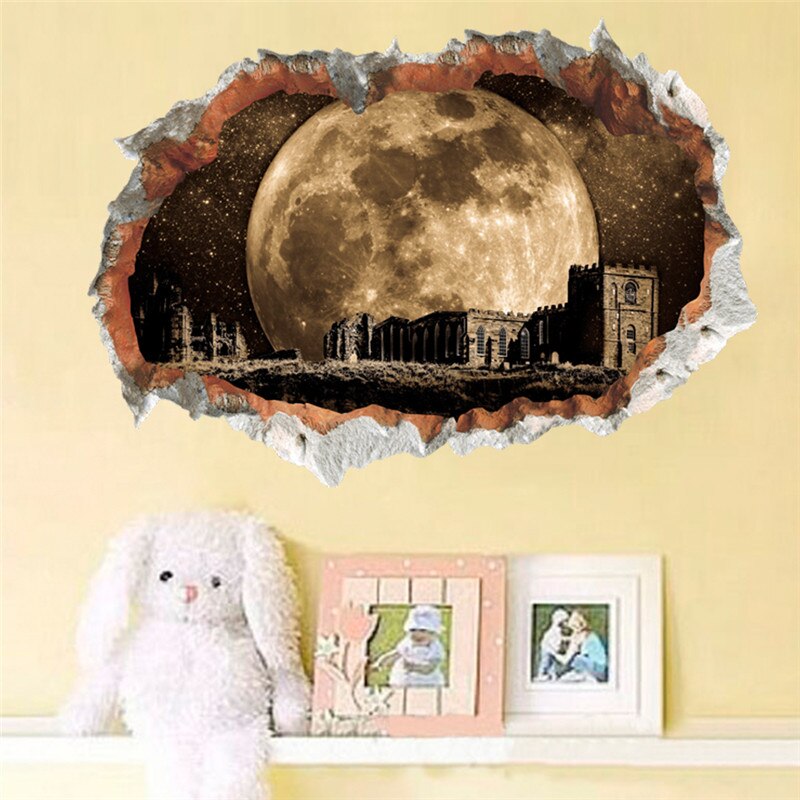 3D cassé mur trou Stickers muraux pour bureau salon chambre décoration de la maison bricolage animaux cerf loup paysage Mural Art Stickers