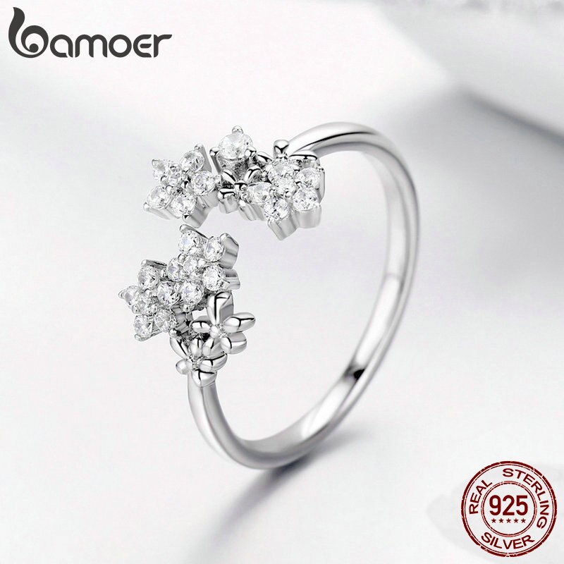 BAMOER Brillant Authentique 925 Sterling Argent Marguerite Clair CZ Doigt Réglable Anneaux pour les Femmes De Fiançailles Bijoux BSR021