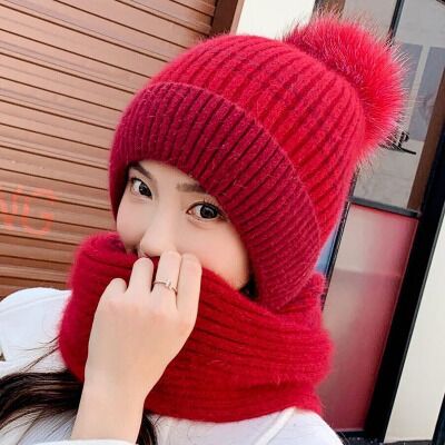 Vinter tykk pluss kashmir varm lue kvinneskjerf fuskepels pomponger vinter kvinners strikke lue ull hatt ski 2 sett: Rød