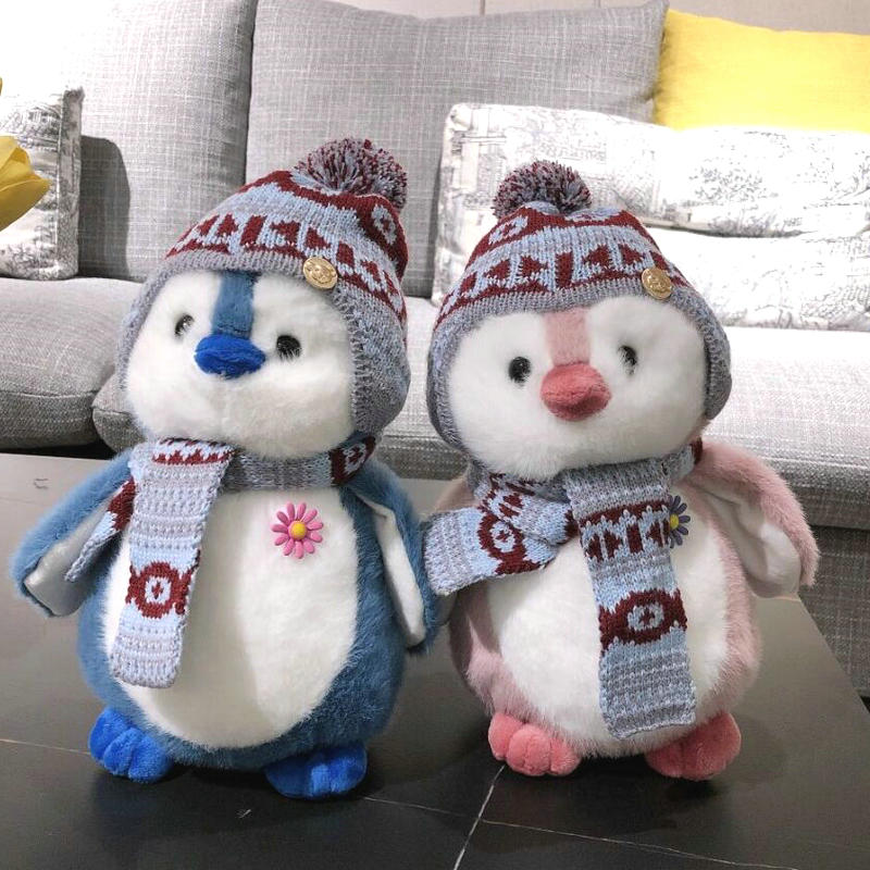 Schattige pluizige pinguïn knuffeldier, knuffeldier, sjaal, muts, aankleedpop, pinguïn, speelgoed voor kinderen, kerst