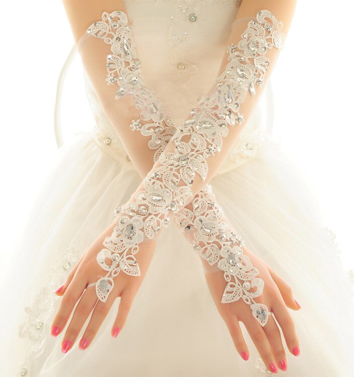 Bride Gloves Long Wedding Dress Gloves Lace Beige Elbow Length Beaded Fingerless