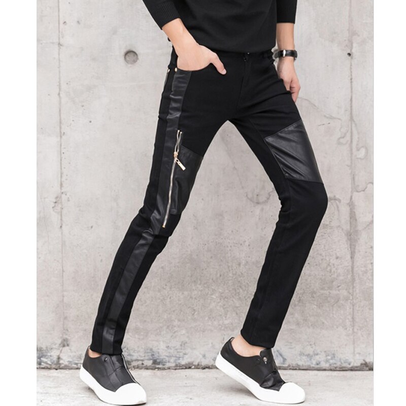 Pu læderbukser mænd imiteret læderbukser skinny koreansk lynlås patchwork bukser sorte blyantbukser mænd
