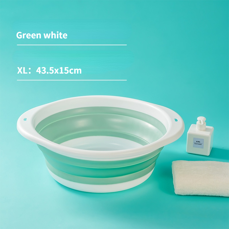 Household Silicone Folding Washbasin Stand, Children's Cartoon Basin, Student Dormitory Travel Portable Foldable Basin: Green white-XL