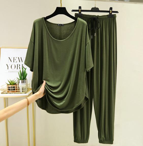 Pyjama ample grande taille pour femmes, vêtements de maison, ensemble deux pièces en coton, manches courtes, pantalon,