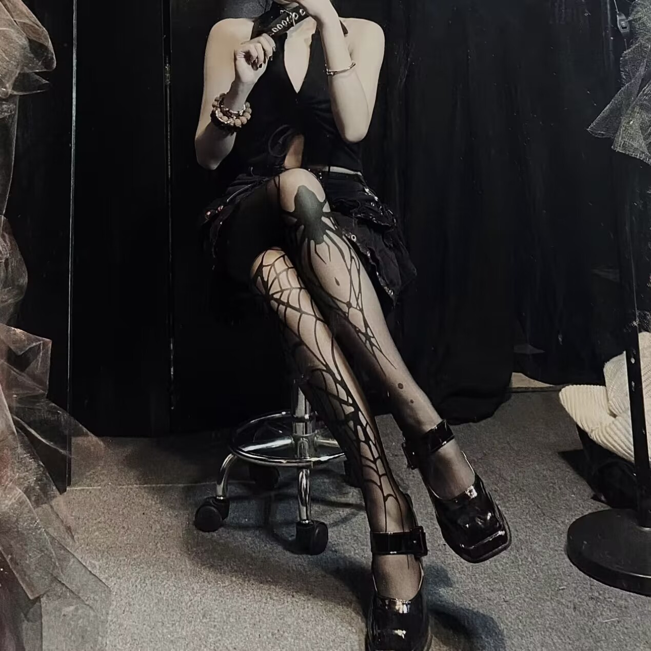 Gothic Vintage Donkere Visnet Panty Kous Vrouwen Emo Alternatieve Sexy Spinnenweb Heks Panty Y2k E-girl Cyber Punk Sokken