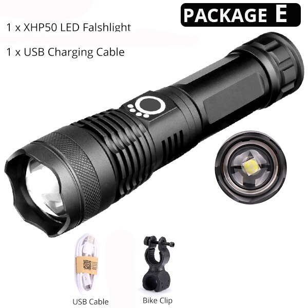 Newest XHP50 LED Bicycle Flashlight Most Powerful USB Rechargeable USB Zoom Bike Light Torch 18650 26650 for outdoor Bike Light: Package E