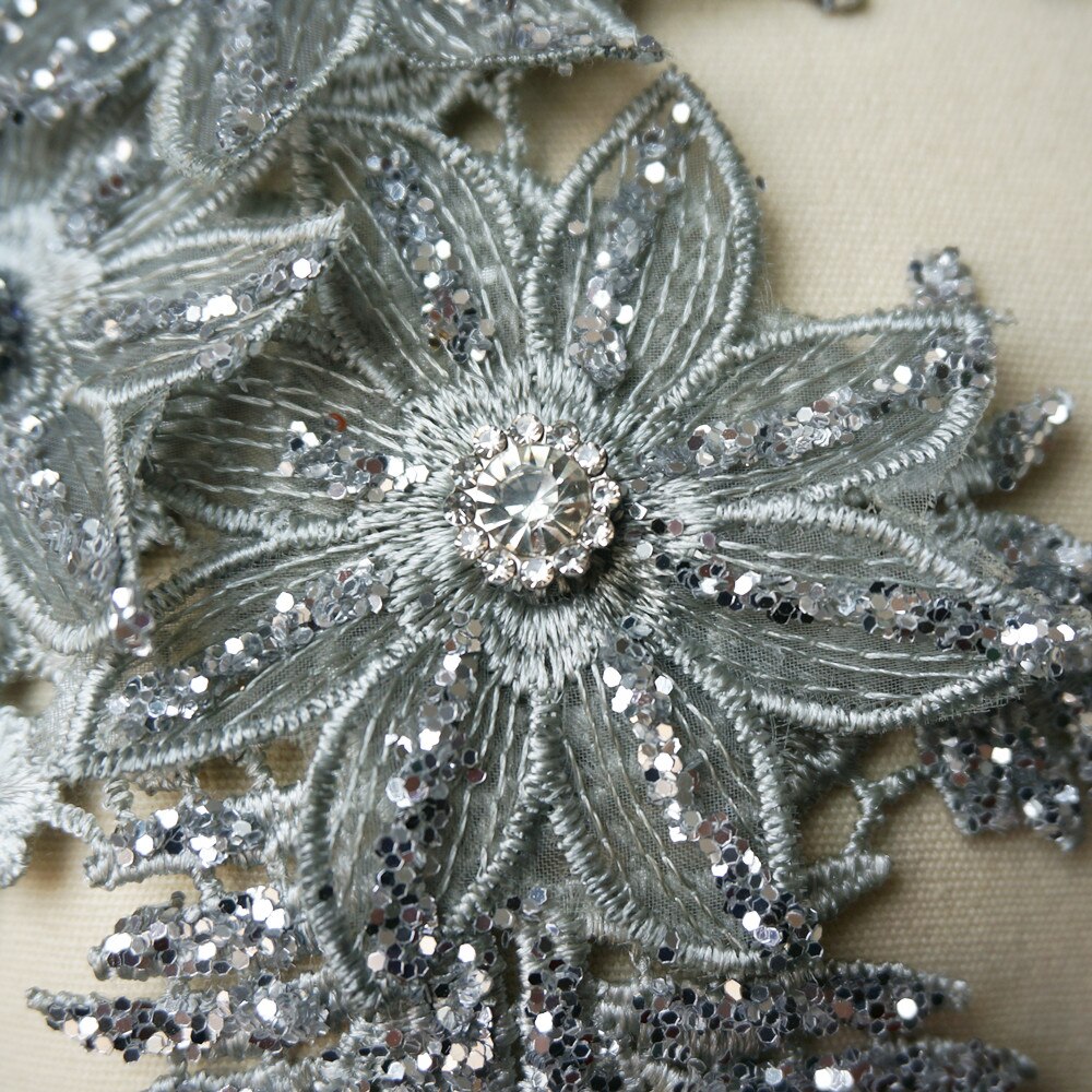 2Pcs Rhinestones Silver Sequin Embroidered Lace Applique Sewing Flower Fabric Patch Wedding Gown Bridal Dress Clothes DIY Crafts