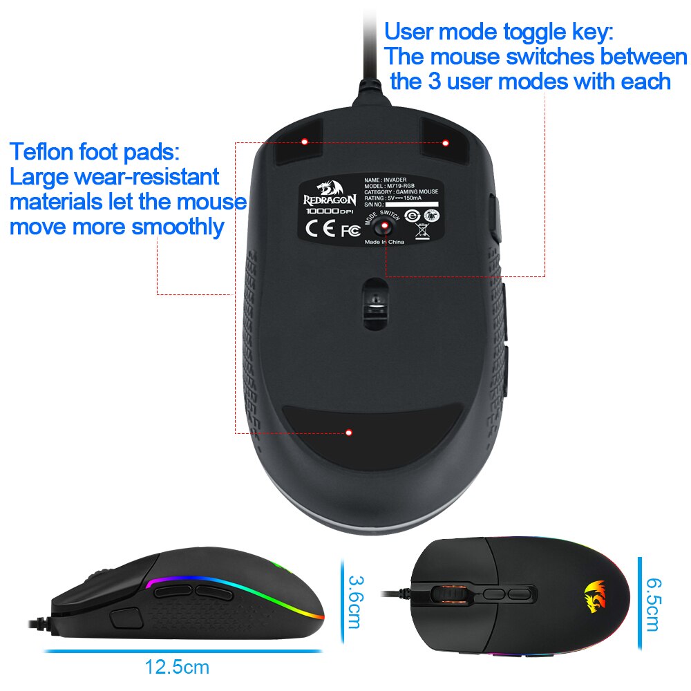 Redragon INVADER M719 RGB USB wired Gaming Mouse 10000 DPI programmable game mice backlight ergonomic laptop PC computer