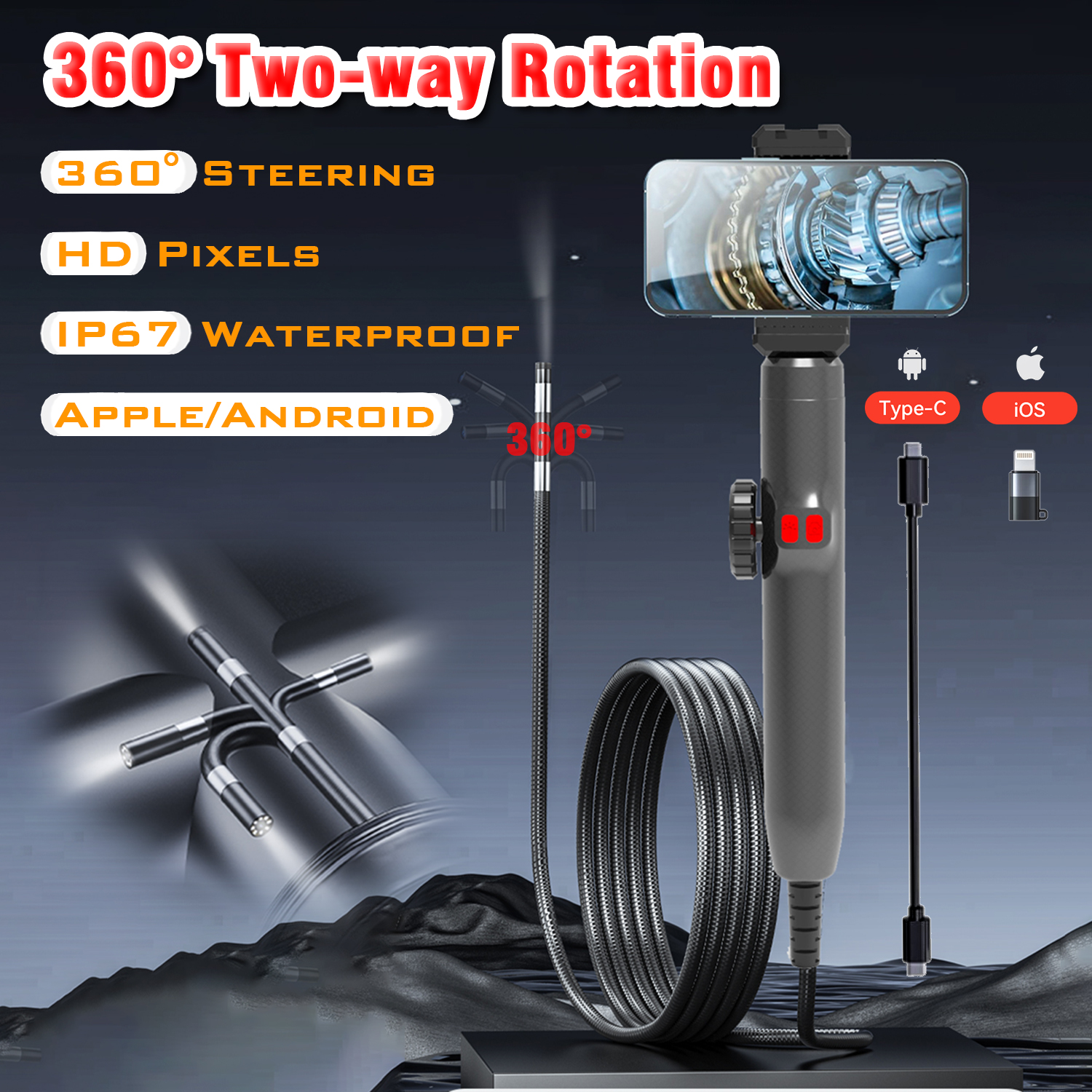 Endoscope vidéo industriel à tuyauterie rotative, avec caméra d'inspection d'articulation 360, pour Smartphone et voiture, 1080p