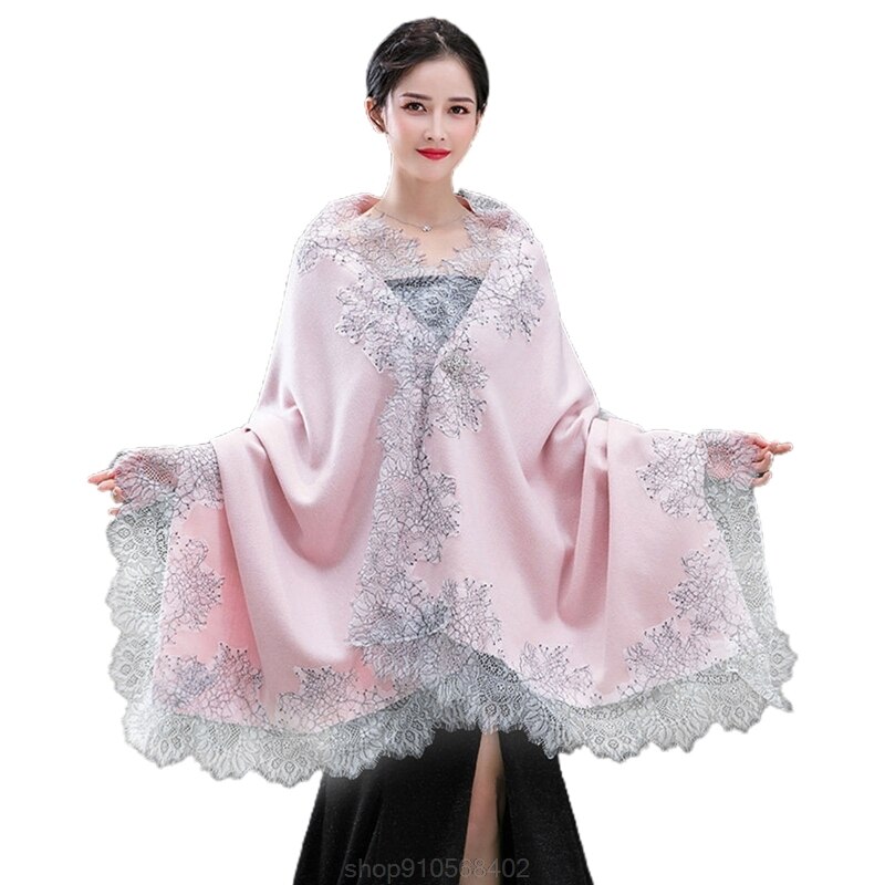 Pashmina-Pañuelo grande para vestido de noche, chal , Floral, con borde de encaje, estola de boda, N19 20,: PK