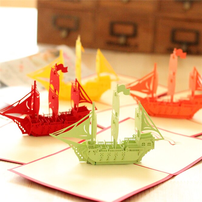 10PCS Sailboat 3D Pop UP Invitations Card 3D Paper Ship Birthday Greeting Cards 3D Tourist Postcard Save The Date Boy Card