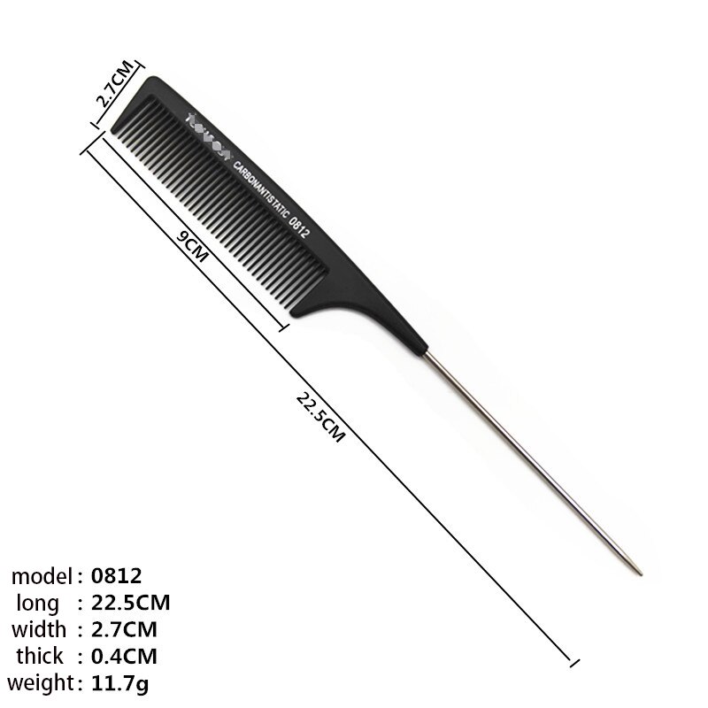 Peine de pelo liso negro con pasador de Metal, antiestático, cola de rata, herramienta de peinado para belleza, 1 Uds.: 0812