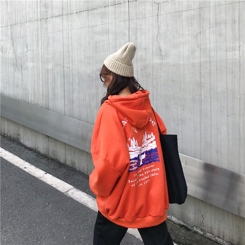 Sweatshirts kvindelige hættetrøjer tykke kvinder pullover toppe lange ærmer dame hættetrøjer harajuku kvinde hættetrøje hættetrøje til dame tøj: Orange / Xl