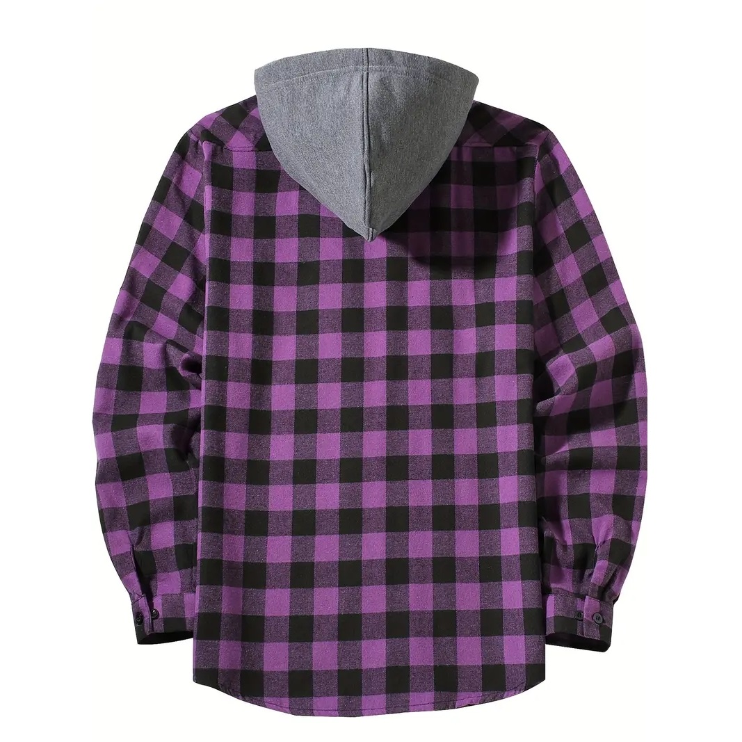 Herrenhemden, klassisch, kariert, lässig, Taste-Nieder-Kapuze, langärmelig, Doppeltaschen, Hemd, Kapuzenpullover, Flanelljacke, Frühlings- und Herbstoberteile