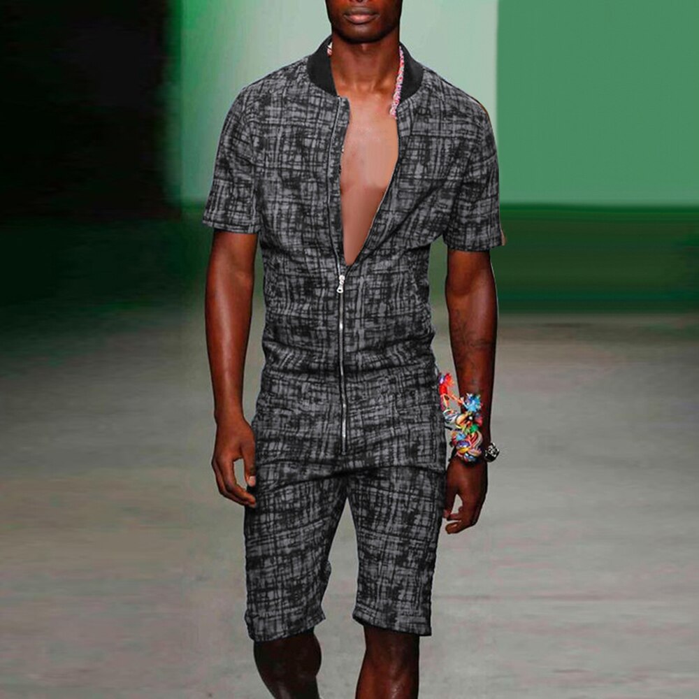 Mannen \ 'S Jumpsuit Zomer Kleding Een Stuk Rompertjes Rits Overalls Jumpsuits Half Broek Korte Mouwen Plaid Casual Rompertjes mannelijke: XXL / Gray