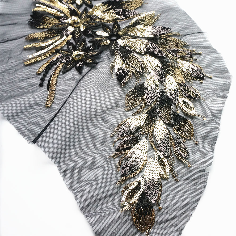 40cm sorte guld pailletter fjer hale blomster blonder trimmer mesh sy på lapper broderi til bryllup applikationer dekoration diy