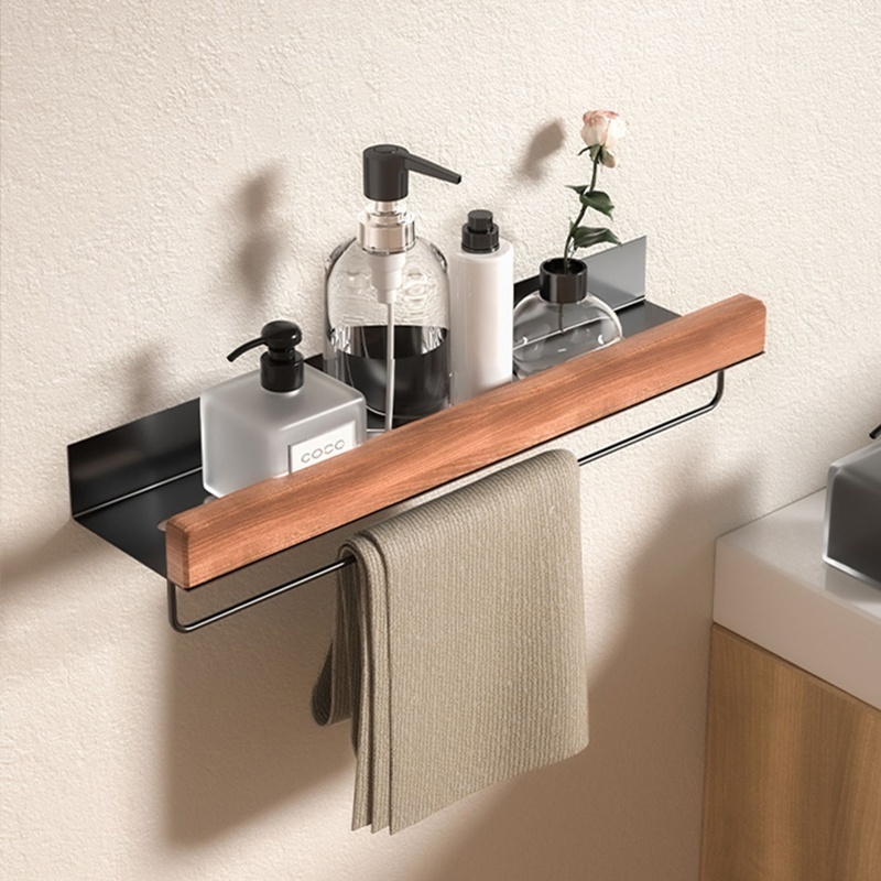 Estante esquinero de material de aluminio y madera, estante de almacenamiento para champú, estante de pared para ducha, organizador de baño, accesorios de baño