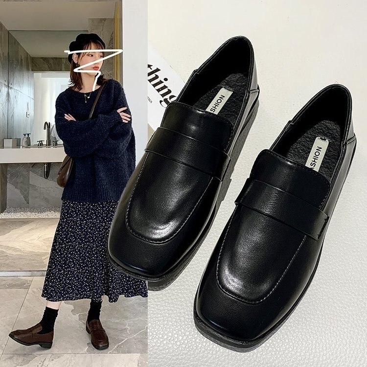 Zapatos coreanos de estilo británico, zapatillas informales combinables con tacones para mujer, mocasines de otoño con piel de punta cuadrada y boca baja