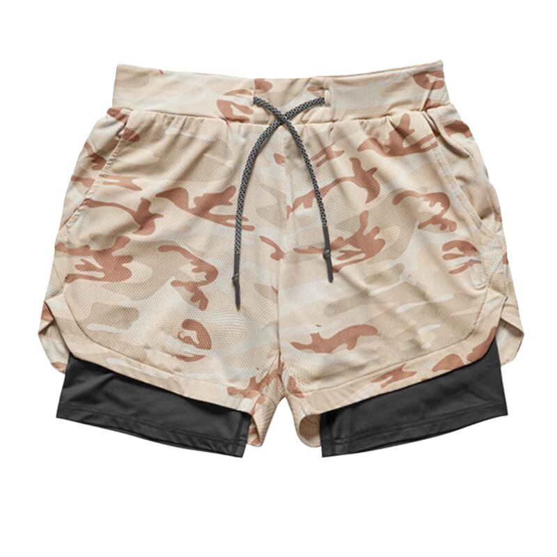 Miesten joogaharjoittelu nopea kuivajuoksu naamiointishortsit 2 in 1 urheilu lenkkeily fitness shortsit: Khaki / Xl