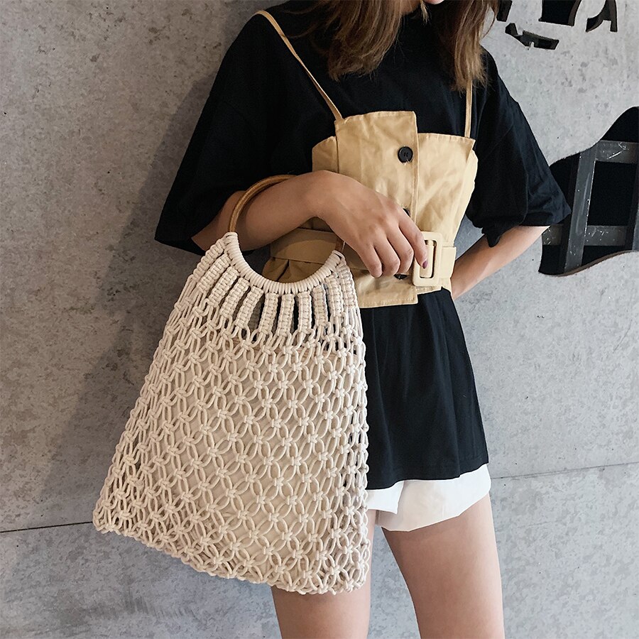 Vintage handtassen met houten handvat voor dames, rieten geweven holle damestassen, grote tassen, casual zomer strandtas, grote reistas