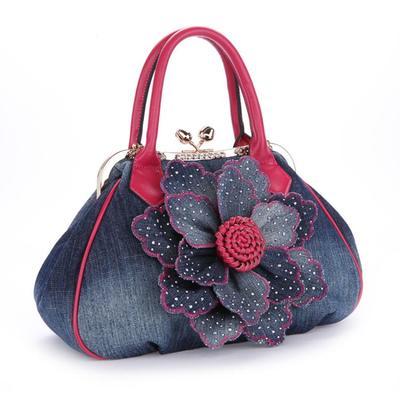 Brand 3D denim roses flowers shoulder bag embossed Beautiful Women Casual handbag girl messenger bags dress Vintage Bag: Mei red