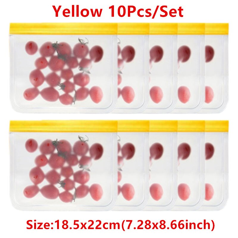 Juego de Bolsas de Silicona para Alimentos, Conjunto de Empaques con Sello, Ideal para Almacenamiento y Conservación Fresca de Frutas y Verduras, Reutilizable, A Prueba de Fugas, Estilo Bolsa Ziploc, 14 Piezas: 10pcs Yellow