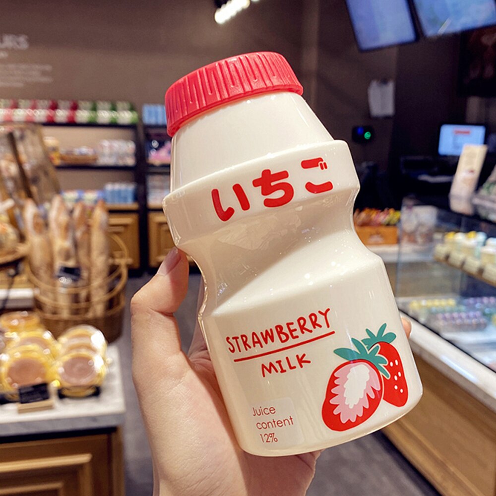 Plastic Water Bottle Tour Drinking Bottle lanyard Yakult Shape Cute Kawaii Milk Carton Shaker Bottle for Kids/Adult: Strawberry 02