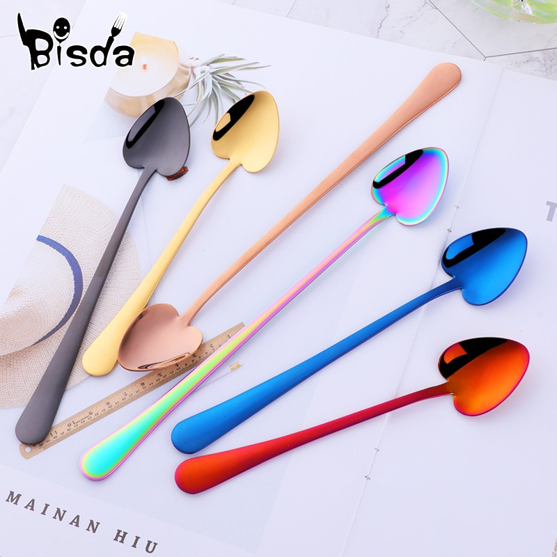 1 Pc Rvs Dessert Lepel Lange Steel Ice Scoop Kleine Koffie Lepels 8 Kleuren Mooie Servies voor Kit party Tools