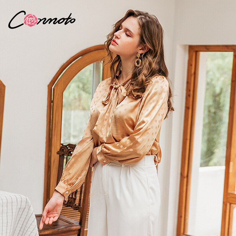 Conmoto bow tie women blouse shirt Long sleeve print polka dots female tops Office lady work wear blouse autumn