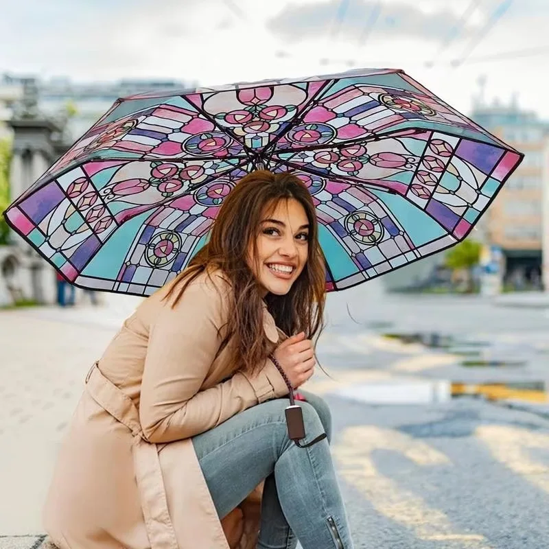 Paraguas transparentes pintados a mano con estampado de vitral, mango largo, sombrilla romántica Unisex para protección solar y lluvia