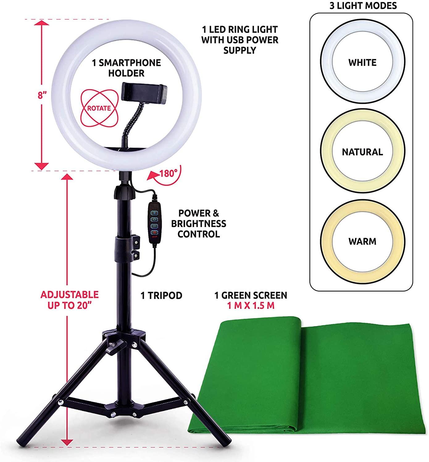8" LED Ring Light with Stand Green Background Cloth Photographic Ring Lamp DIY Studio Creator Video Maker Green Screen Kit