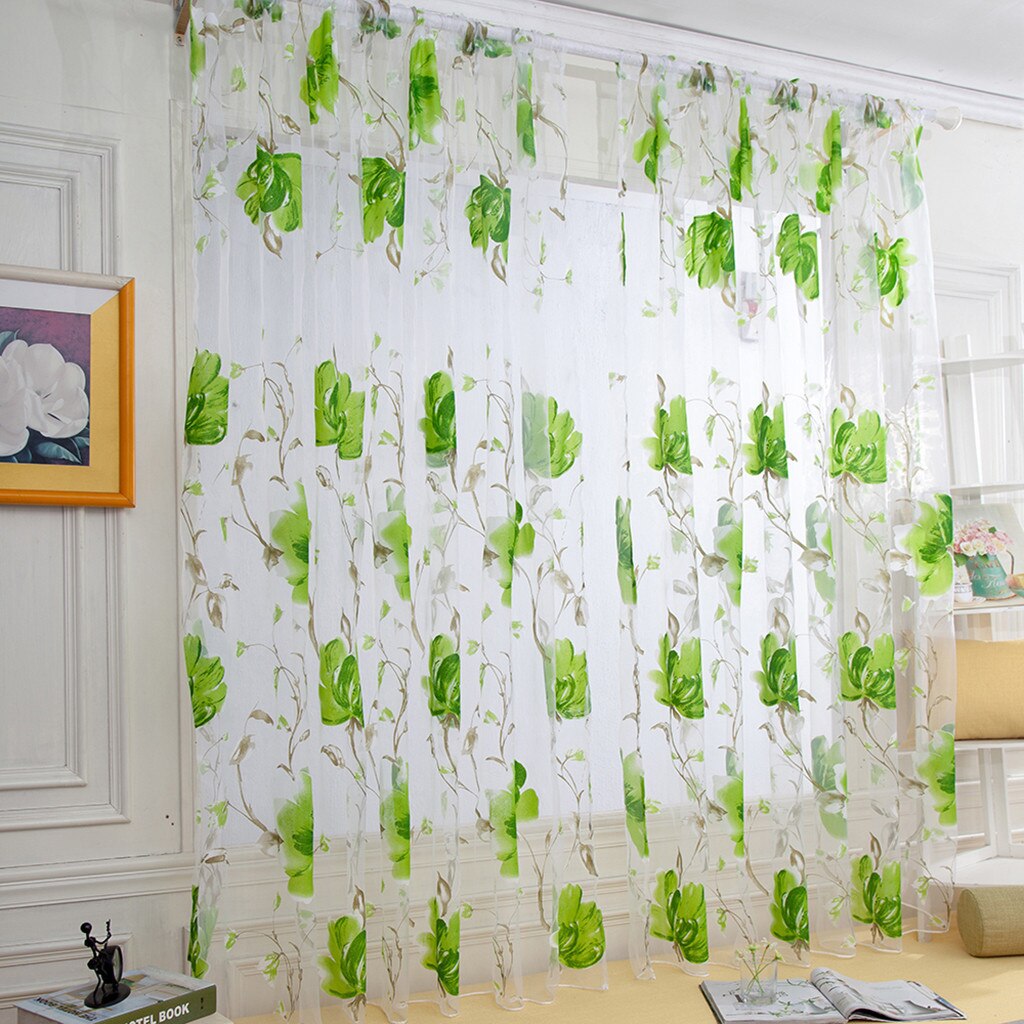 Afdrukken Voile Deur Gordijnen Drape Panel Sheer Tulle Voor Home Decor Woonkamer Slaapkamer Keuken Raam Schermen: Green-1PC