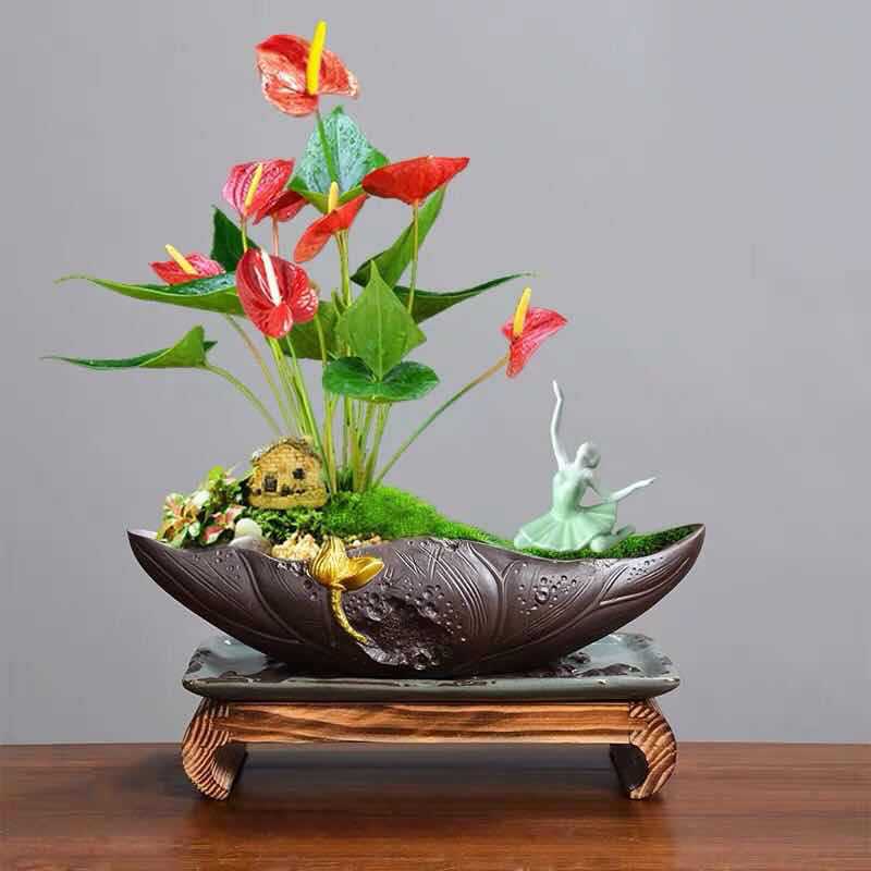 Desktop flower pot landscaping micro landscape bonsai pot ceramic painting gold black pottery pot bamboo planting pot