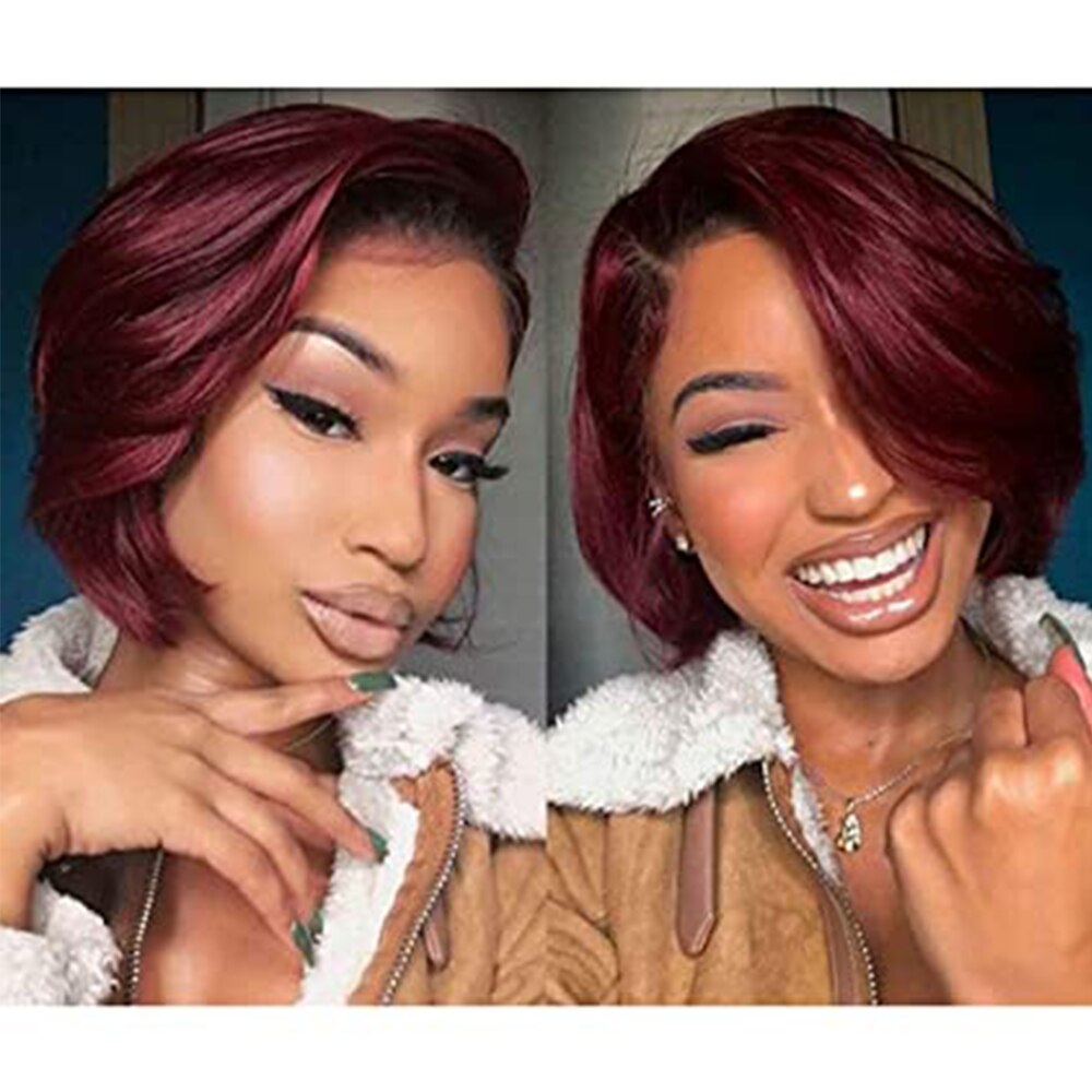 Transparent Lace Wig Red Short Bob Straight Natural Hair Synthetic Wigs Side Part PrePlucked Bleached Knots Drag Queen For Women