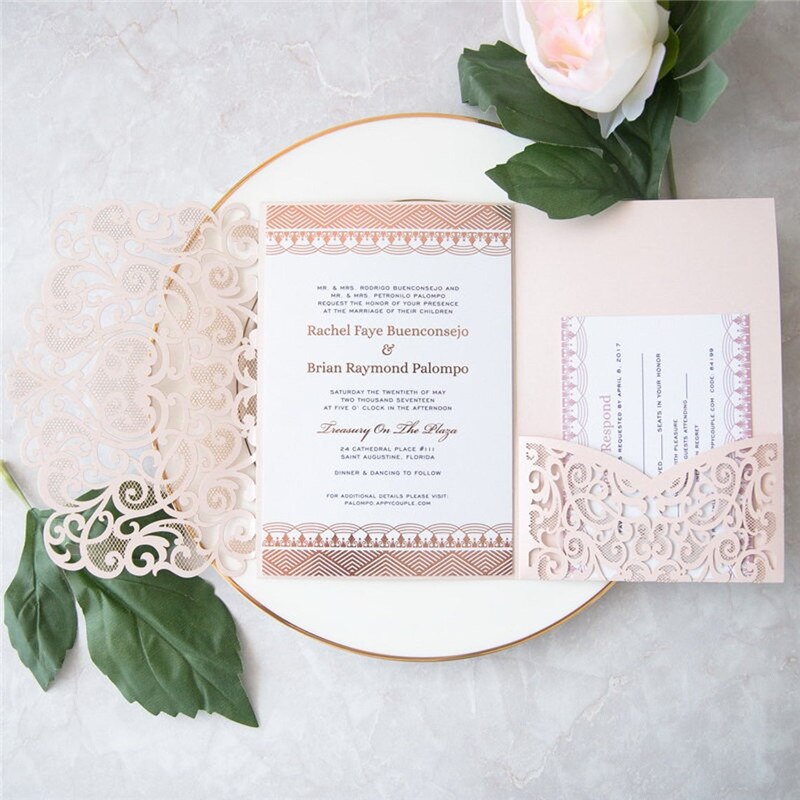Light pink pearlescent paper invitations, wedding invitations, business invitations, cards, lace hollowed out cards