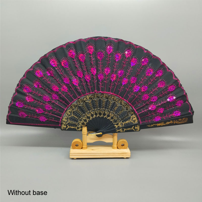 Art Folding Tail Feather Plastic Bone Sequins Carved Hand Fan Summer Accessory Crafts Print Home Decor Embroidery: black rose