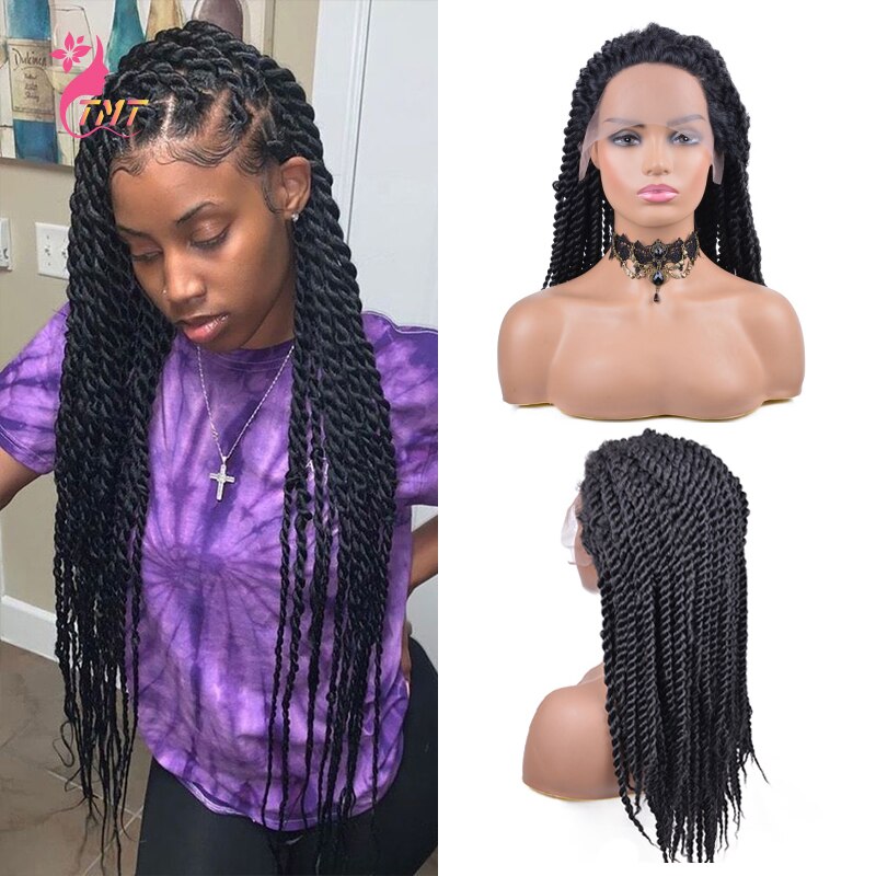 Synthetic Lace Front Braided Wig Senegalese Twists Braids Wigs For Women Heat Restant Fiber Natural Black Wig 22"