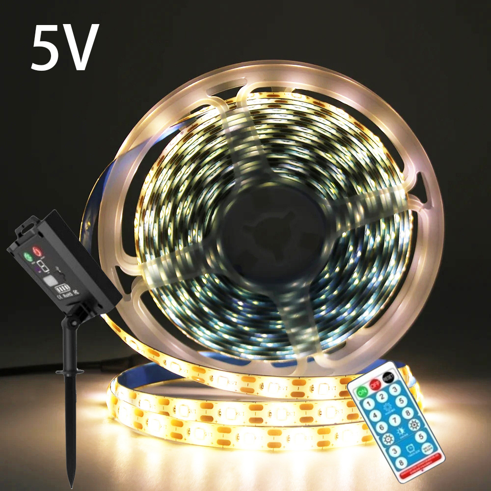 5 V Solar-LED-Streifen, Fernbedienung, 2835, 60 LEDs, flexible Bandbeleuchtung, wasserdicht, warmweiß, 0,5 m, 1 m, 2 m, 5 m, Gartendekoration
