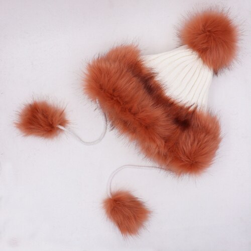 HT2105 Big Fur Pompom Ball Winter Hats for Women Russian Ushanka Hat Thick Warm Fur Hat Earflap Ski Cap Women Knitted Hat: White with Pink Fur