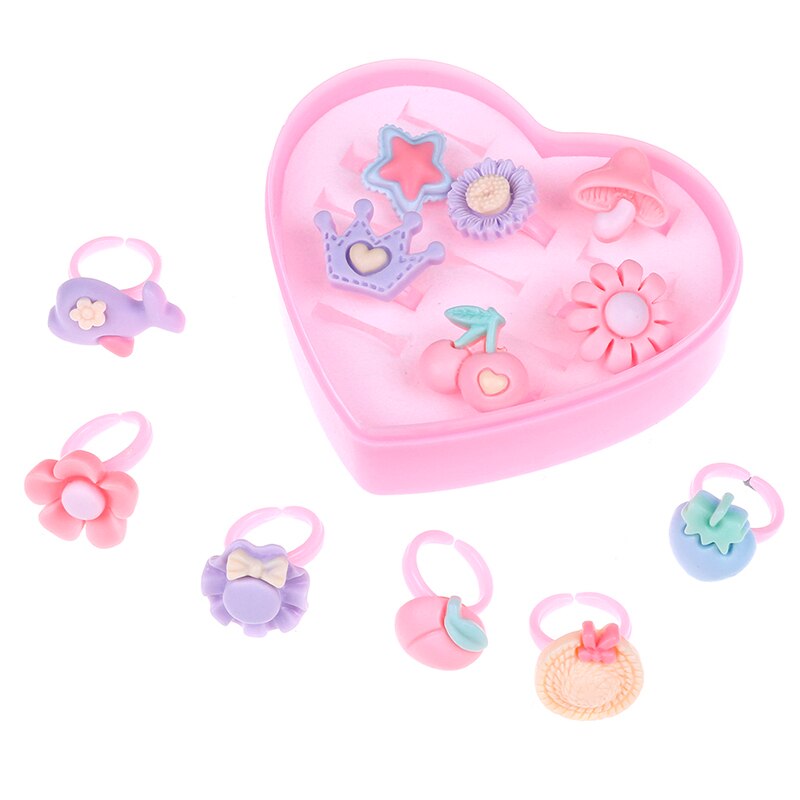 12pcs Mix Cartoon Flower Assorted Resin Plastic Pink Baby Kids Girl Children's Rings With Heart Box Jewelry